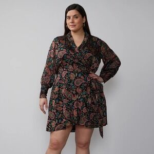 NY&C NWT Velvet Paisley Mini Dress Long Sleeve Wrap Black Pink Size 1X‎